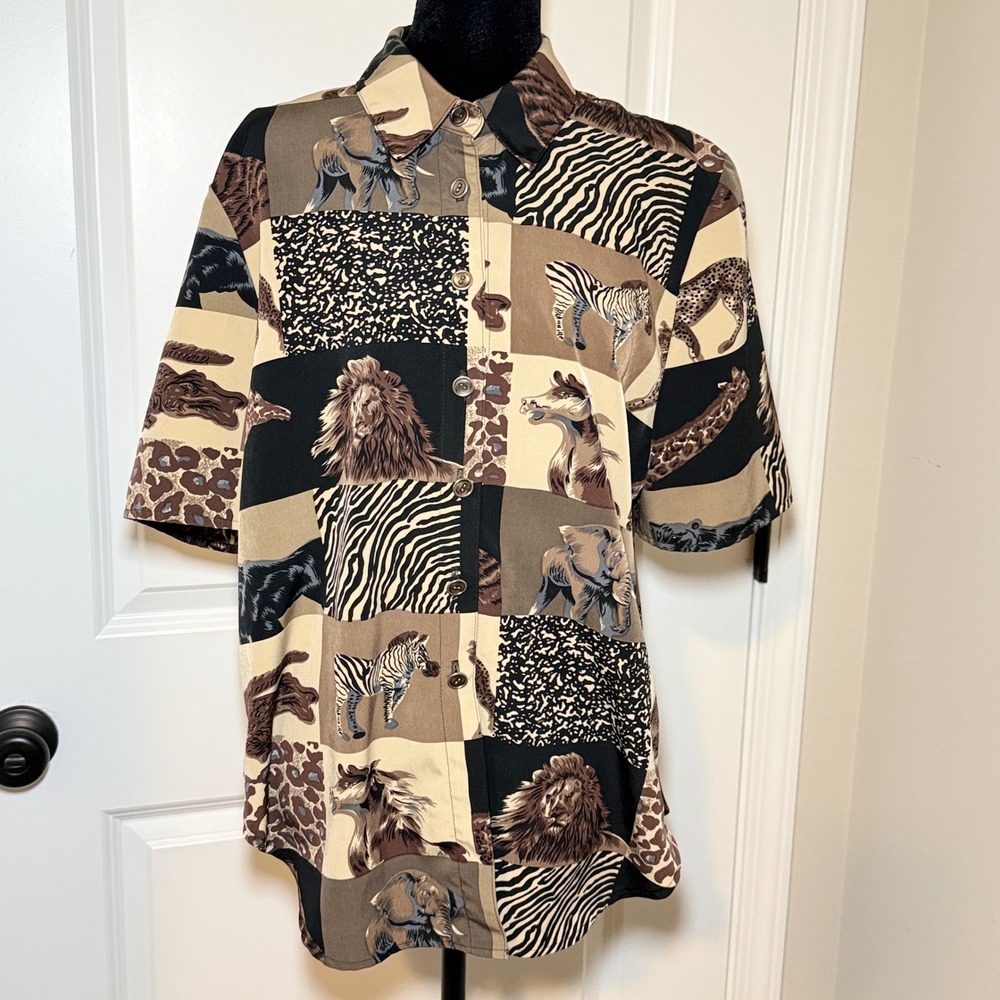 Vintage Riverchase Safari Animal Patchwork Button Up Shirt Womens Size 10